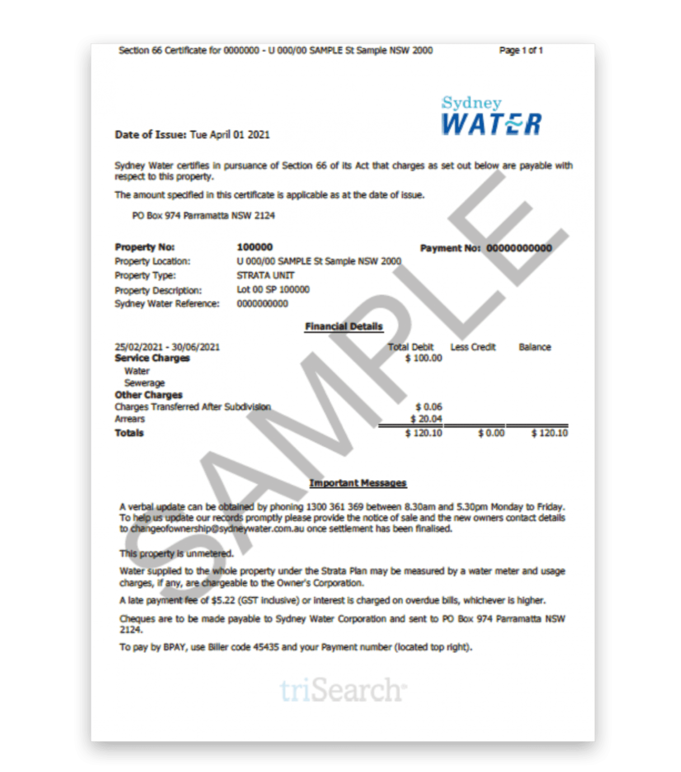 Sydney Water Certificate triSearch